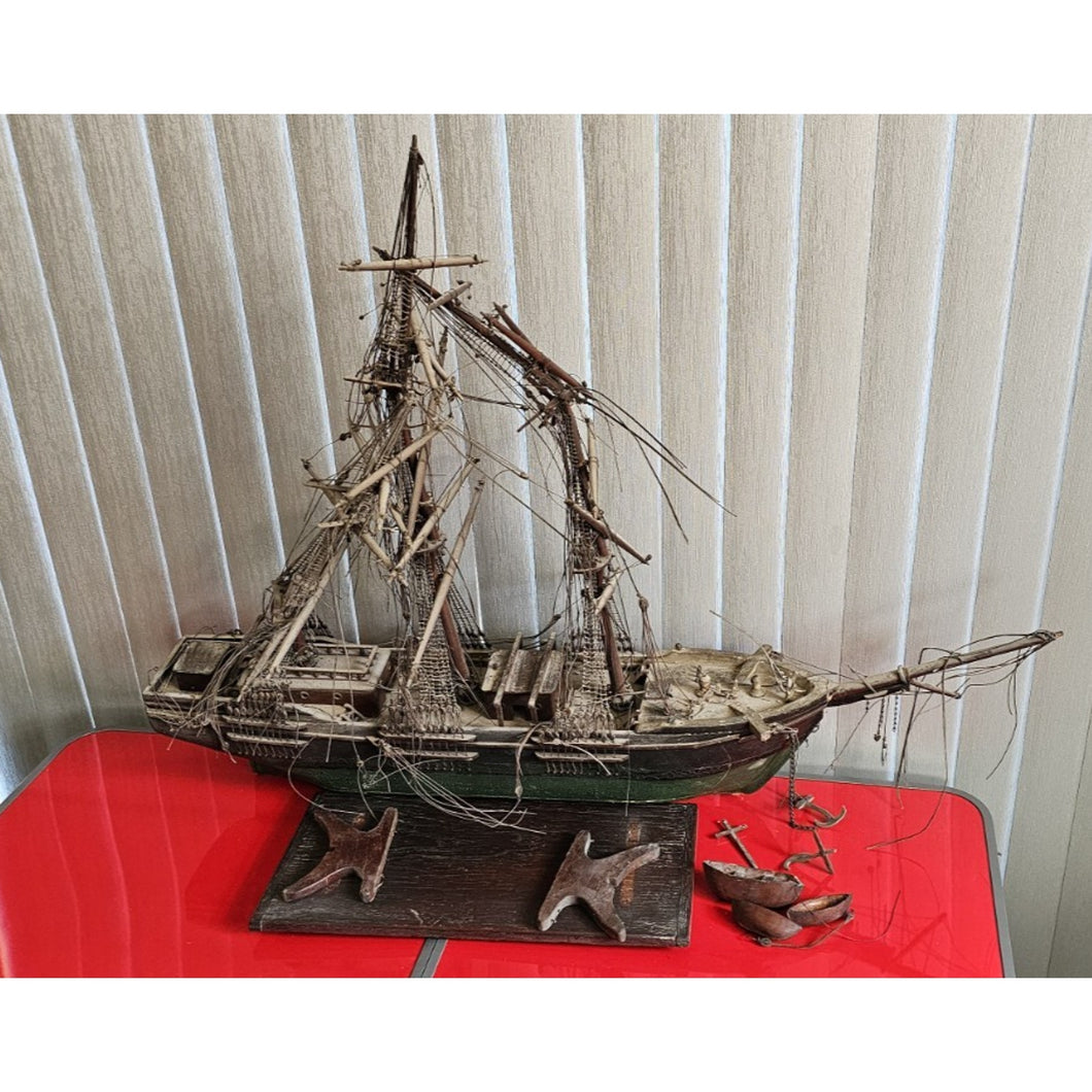 Antique 19th Century Wooden Sailing Vessel Ship Hand Carved With 3 Mast 41 x 32