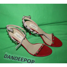 Load image into Gallery viewer, Valentino Garavani Gold Rockstud Red Calfskin Leather Sandal Heels Size 37
