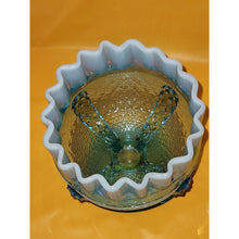 Load image into Gallery viewer, Vintage Northwood Button Panel Blue Opalescent Crimped Top Glass Candy Dish
