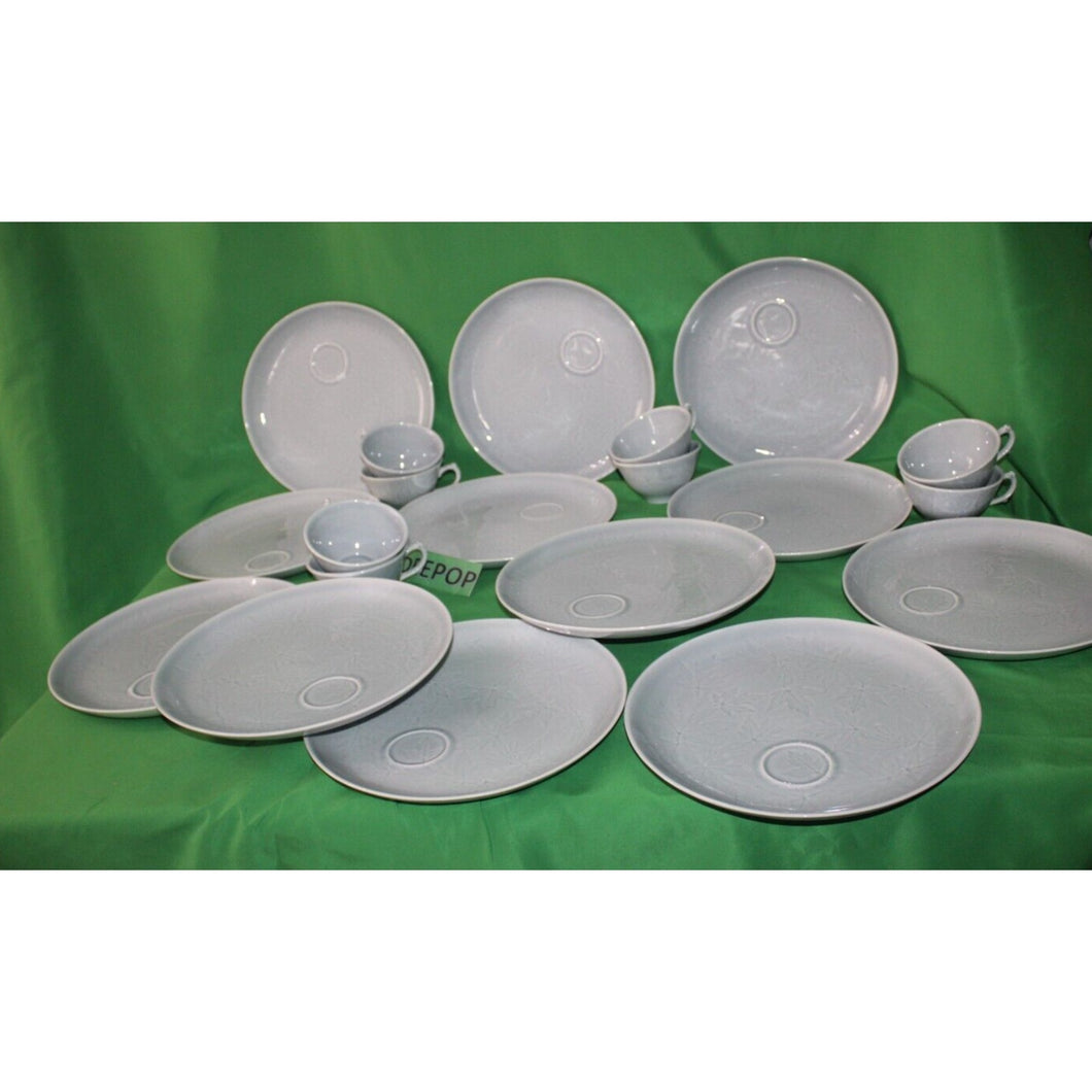 24 Piece Blue Gray Wood Song Harkerware Dinner Snack Plates Cups Maple Leaf Set