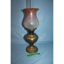 Load image into Gallery viewer, Antique Estate Kerosene Oil Lamp Three Feathers Germany Chimney Pink Globe Brass
