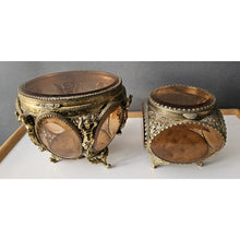 Load image into Gallery viewer, Antique Pair Of Brass Cherub With Amber Beveled Glass Hinged Jewelry Casket
