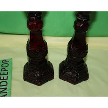 Load image into Gallery viewer, Ruby Red Glass Avon Cape Cod 1876 Pair Of Charisma Cologne Candlesticks Empty
