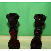 Load image into Gallery viewer, Ruby Red Glass Avon Cape Cod 1876 Pair Of Charisma Cologne Candlesticks Empty
