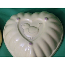 Load image into Gallery viewer, 2 Vintage Yellow Ceramic Heart Baking Dishes With Embossed Bird On Back Design
