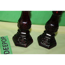 Load image into Gallery viewer, Ruby Red Glass Avon Cape Cod 1876 Pair Of Charisma Cologne Candlesticks Empty
