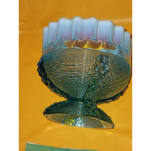 Load image into Gallery viewer, Vintage Northwood Button Panel Blue Opalescent Crimped Top Glass Candy Dish
