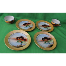 Load image into Gallery viewer, Vintage Japan Early 1900 Hand Painted Lusterware 6 Piece Landscape Plates Cups
