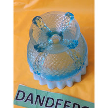 Load image into Gallery viewer, Vintage Northwood Button Panel Blue Opalescent Crimped Top Glass Candy Dish
