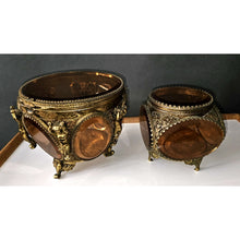 Load image into Gallery viewer, Antique Pair Of Brass Cherub With Amber Beveled Glass Hinged Jewelry Casket
