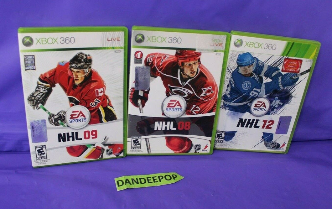 3 Microsoft XBox 360 EA Sports NHL Hockey Video Games Live 08, 09 and 12