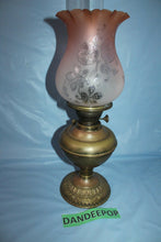 Load image into Gallery viewer, Antique Estate Kerosene Oil Lamp Three Feathers Germany Chimney Pink Globe Brass
