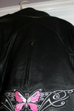 Load image into Gallery viewer, Women's Black Leather Motorcycle Jacket Moto With Butterfly Embroidery L
