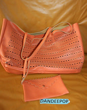 Load image into Gallery viewer, Saks Fifth Avenue Pierced Pattern Coral Orange Handbag With Wristlet Purse
