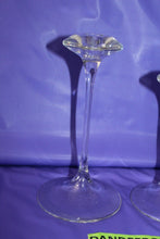 Load image into Gallery viewer, Pair Of Glass Elegant Skinny Stem Pedestal Graduated Taper Candle Holders
