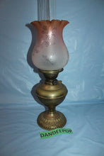 Load image into Gallery viewer, Antique Estate Kerosene Oil Lamp Three Feathers Germany Chimney Pink Globe Brass
